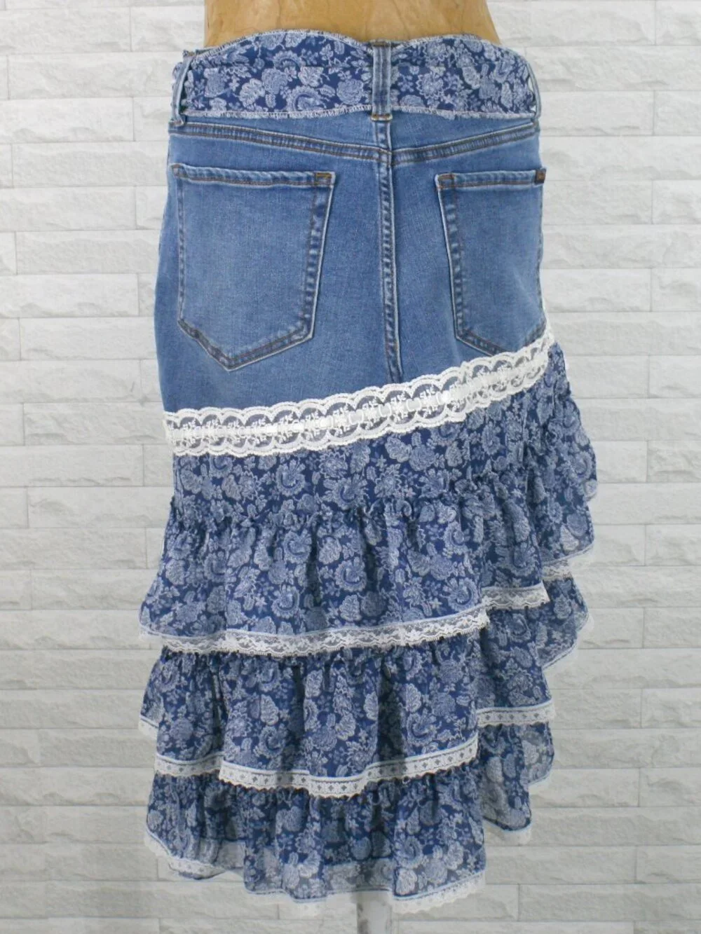 HAND CRAFTED Skirt Denim Blue Jean Upcycled Lace Floral Ruffle Midi 8